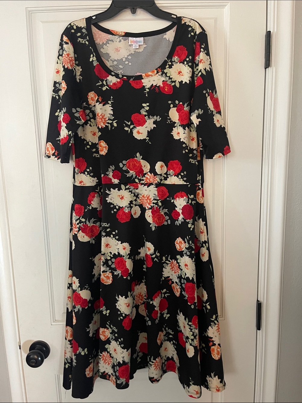 Lularoe Nicole Black Floral A-Line Dress with Red & Cream Roses